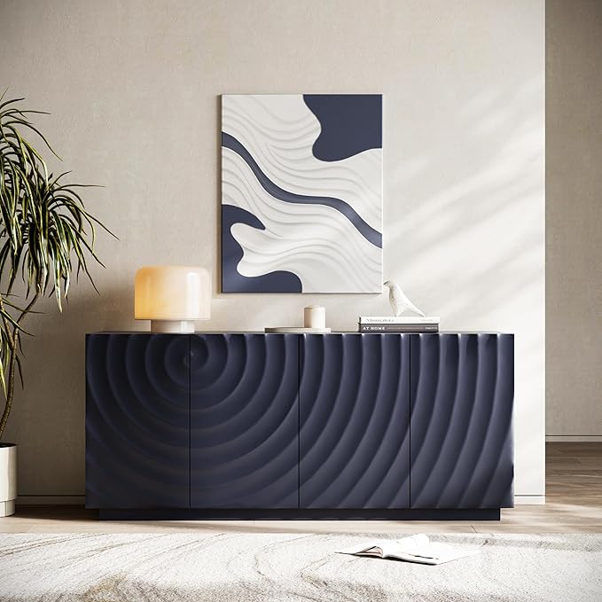 Sideboard with 3D Water Wave, Modern Sideboard Buffet Cabinet with Textured Panel, Storage Cabinet with Drawers & Shelves, Multipurpose Storage for Dining Room,Living Room