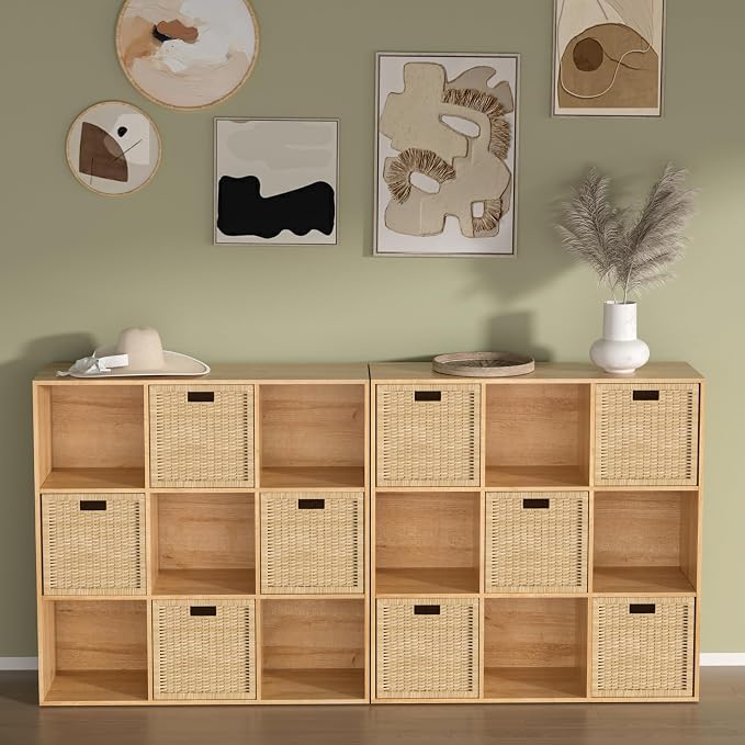 Wooden 9 Cube Storage Organizer with Closed Back Panel,White Cube Shelf Cubby Storage Organizer with Compartments for Living,Bookshelf, Easy to Install (Oak, 9 Cube-13in)
