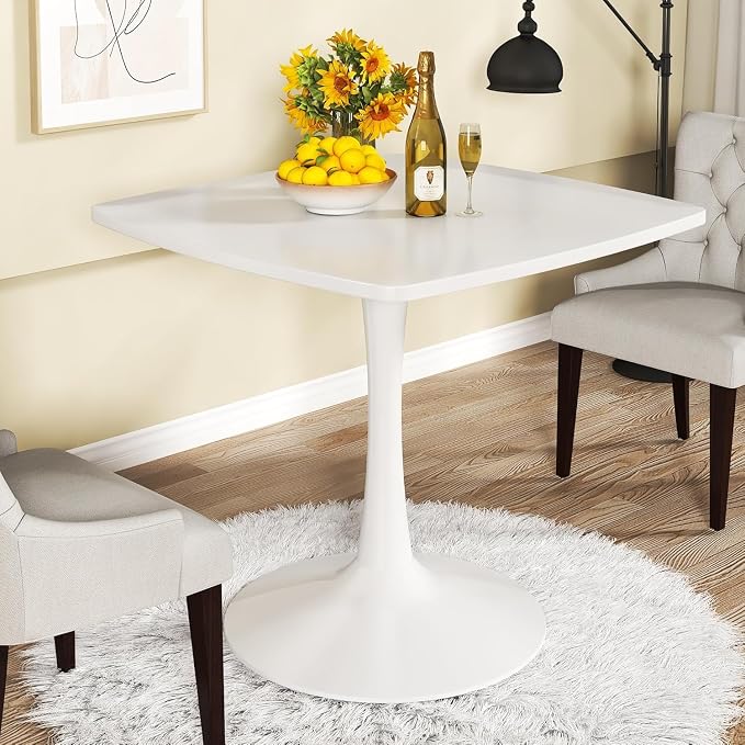 DKLGG White Tulip Table for 2, Small Dining Table with Pedestal Base, 32 Inch Leisure Design Square Kitchen Table for Dining Room Small Space
