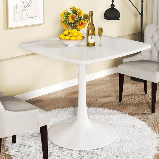 DKLGG White Tulip Table for 2, Small Dining Table with Pedestal Base, 32 Inch Leisure Design Square Kitchen Table for Dining Room Small Space