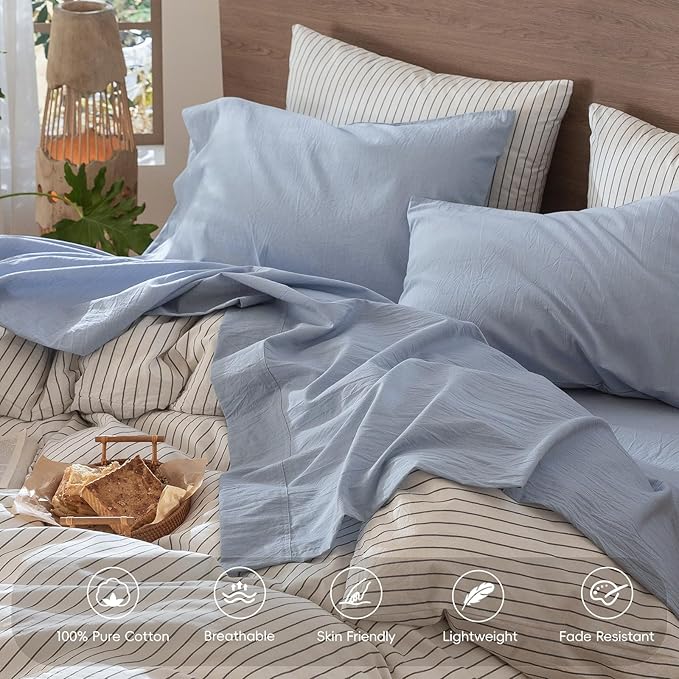MooMee Bedding Sheet Set 100% Washed Cotton Linen Like Textured Breathable Durable Soft Comfy (Heathered Cornflower Blue, Twin)