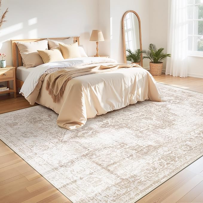 Area Rug 9x12 Vintage Rug: Large Washable Indoor Medallion Rugs Low Pile Distressed Floor Carpet Retro Accent Rug for Living Room Bedroom Kitchen Dining Table Home Office(Beige, 9'x12')