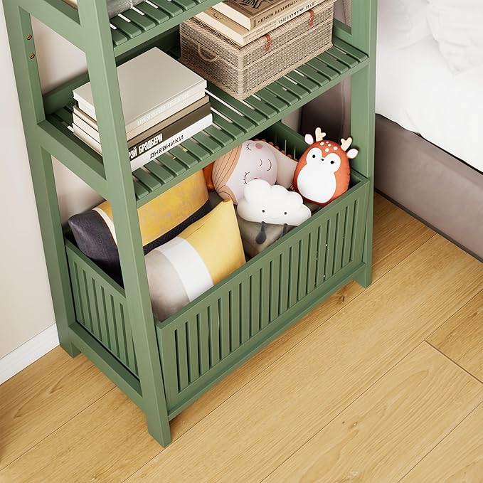 Bamjoy Bamboo Ladder Bookcase, Bookshelf with 4 Display Shelves and 1 Open Storage Basket, Storage Rack Organizer for Home Office, 66” H Forest Green