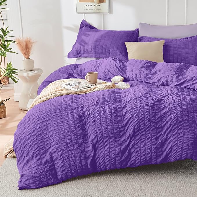 HYMOKEGE Dark Purple/Lavender Full Size Comforter Sets Seersucker 7 Pieces, All Season Luxury Bed in a Bag for Bedroom, Bedding Set with Comforter, Sheets, Pillowcases & Shams