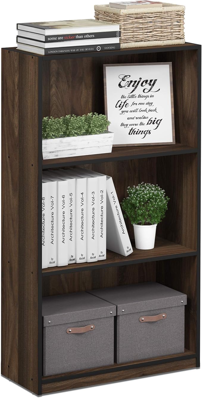 Furinno BASIC Book Shelf, 3-Tier Modern Bookshelf, Bookcase with Open Shelves, 9.3 x 21.8 x 39.5, for Living Room, Bedroom, Home Office, Columbia Walnut/Black