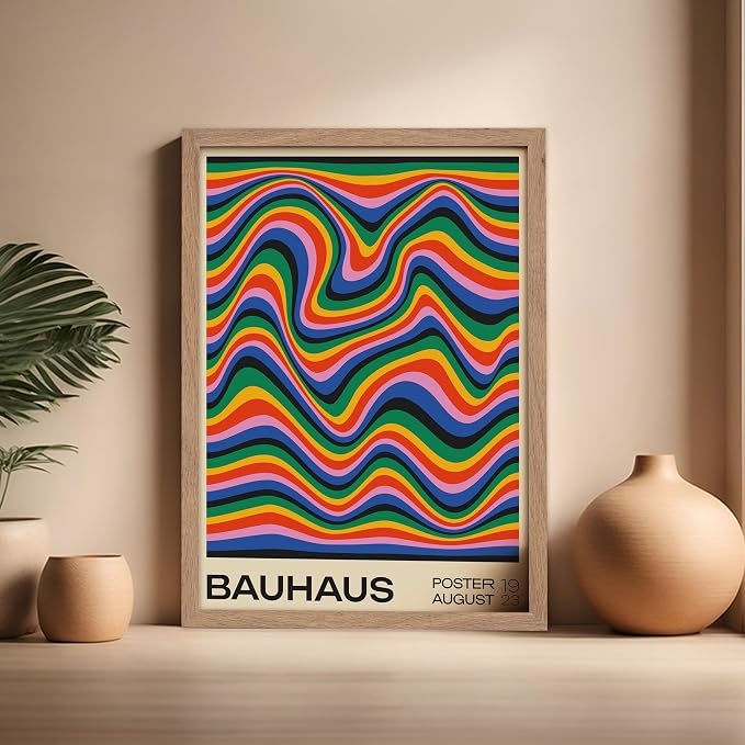 Poster Master Bauhaus Poster - Psychedelic Waves Print - Abstract ART - Rainbow ART - Groovy Style - Chic Boho - Mid Century Modern - Living Room or Bedroom Wall Decor - 16x20 Beige Framed