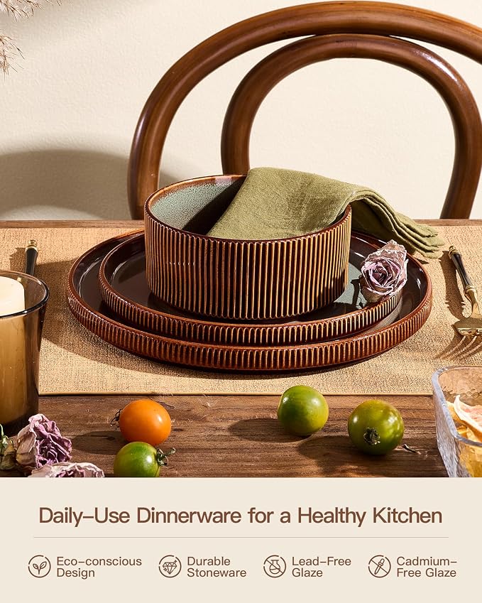 Stoneware Dinnerware Sets, Handcrafted Double Reactive Glaze Plates and Bowls for Everyday & Formal Dining, Microwave & Dishwasher Safe, Scratch Resistant Dishes Service for 4 (12-Piece), Moss Cocoa
