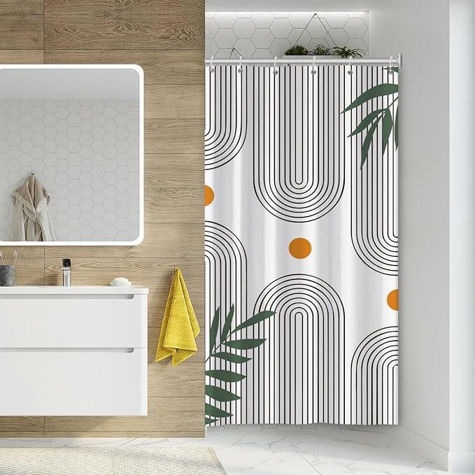 Boho Mid Century Shower Curtain Bohemian Minimalist Geometric Arch Sun Bathroom Curtain Sage Green Plant Polyester Shower Curtain Sets for Bathroom Extra Long 36x72 in with 6 Hooks