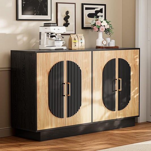 58" Fluted Modular Buffet Cabinet with Storage, Modern Sideboard Credenza w/Adjustable Shelves, Large Coffee Bar Media TV Console Table for Living Room/Dining Room/Kitchen/Entryway, Natural