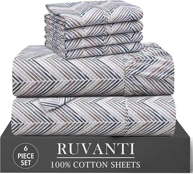RUVANTI 100% Cotton Percale Sheets Full Size 6 Piece Set, Cooling Bed Sheets for Hot Sleepers, Deep Pocket 16”, Breathable Lightweight & Durable, Crisp Hotel Style Sheets, Inverted Streak