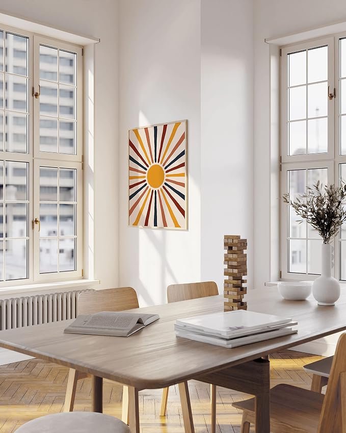 HAUS AND HUES Mid Century Sun Poster - Mid Century Modern Art Print, Boho Picture for Wall, Centered Yellow Sun (Framed Beige 24x36)