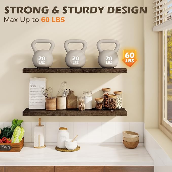 40 Inch Floating Shelves for Wall, 8"D High End Solid Hardwood Shelves for Decor Storage, Rustic Wall Shelves with Invisible Heavy Duty Brackets for Living Room, Kitchen, Bathroom, Walnut, 2 Pack