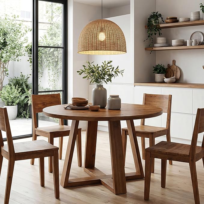 47.2" Solid Wood Dining Table, Farmhouse Round Kitchen Table for 4, Rustic Circle Tables with Sturdy Trestle Base for Dining Room & Kitchen, Warm Oak Finish