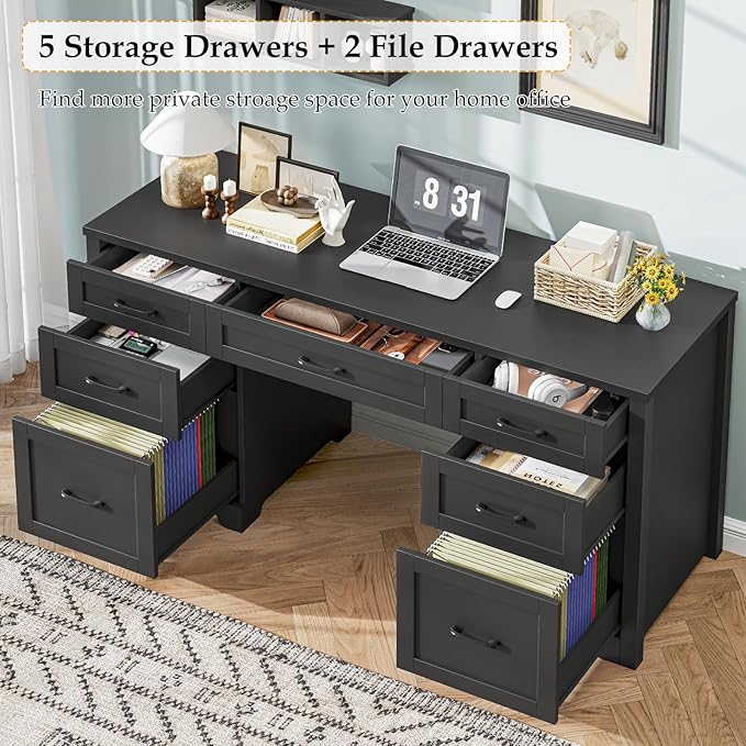 Vabches Farmhouse 61'' Executive Desk with 7 Drawers, Rustic Office Desk Computer Table with File Drawers, Wood Workstation for Home Office and Study,Pure Black