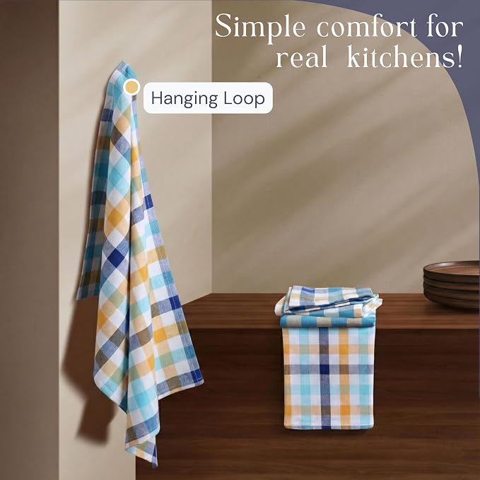 Check Dish Towels 12 Pack, 18"x26", Absorbent Hand Towels for Kitchen Use, Quick Dry Cloths, Durable Washable Rags, Reusable Dishcloth Set - Indigo Blue, Mustard Yellow, Aqua Blue