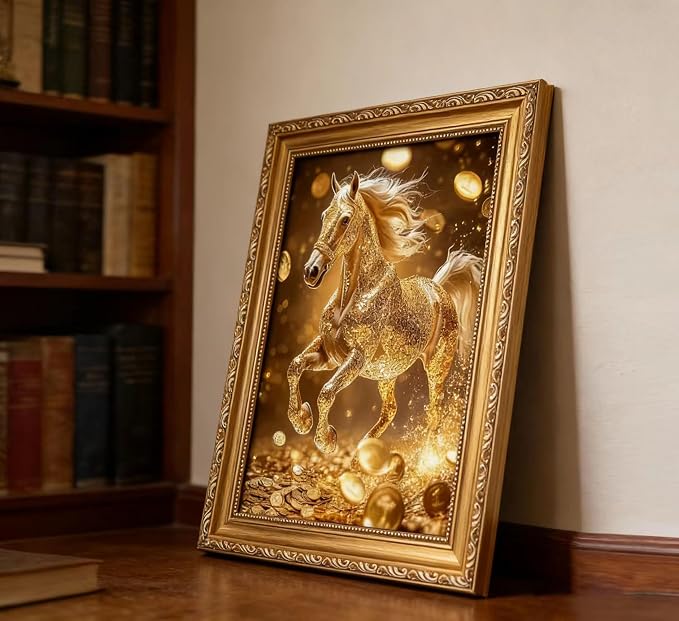 Vintage Gold Framed Gold Horse wall art Golden Money and Horse Wall Decor Wealth and Horses print artwork for office Business People Living Room home decor 12X16in
