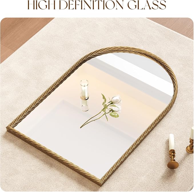 Uniclinens Vintage Arched Mirror Decor - Large Antique Gold Mirror Decor with Twisted Rope Metal Frame,Antique Mirror for Fireplace, Living Room, Hallway, Bathroom,Entryway, 24"X36"