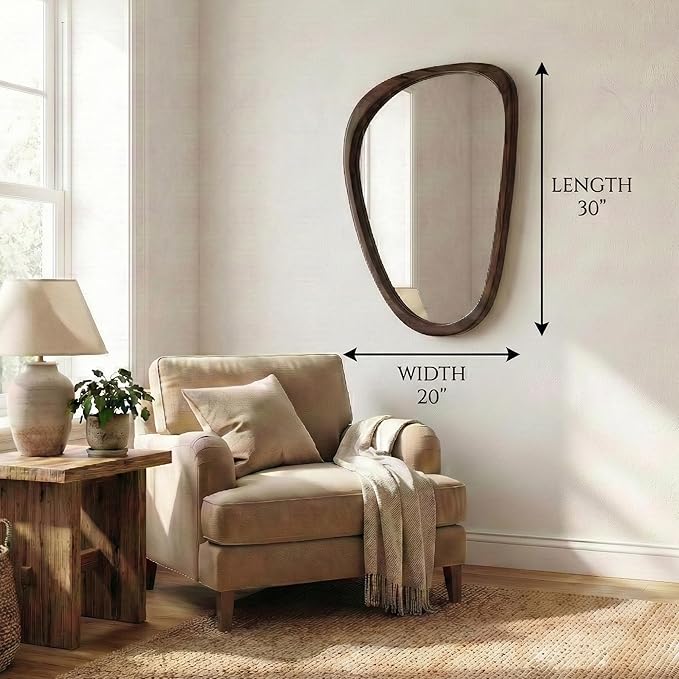 Irregular Asymmetrical Wall Mirror 30"×20" with Solid Wood Frame, Sculptural Mid-Century Modern Decorative Wall Mirror for Bathroom & Entryway
