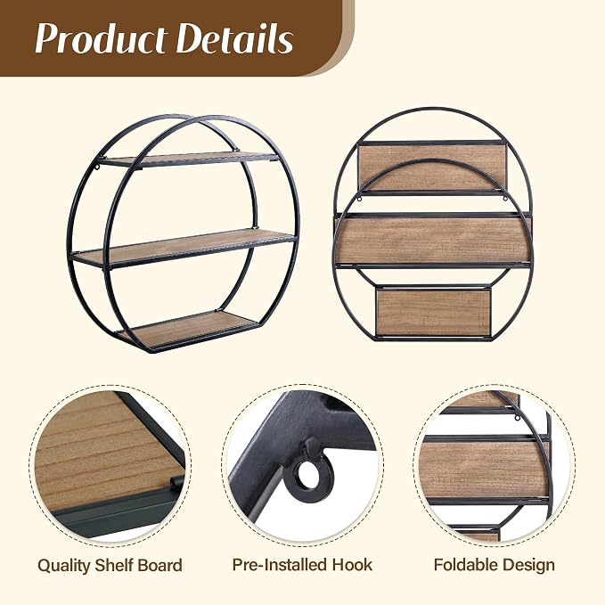 Industrial Style Semi-Circle Shaped Wall Shelves, 3 Tier Decorative Floating Ledge Shelves, Wall Mounted Metal Bracket Wooden Display Hanging Shelf