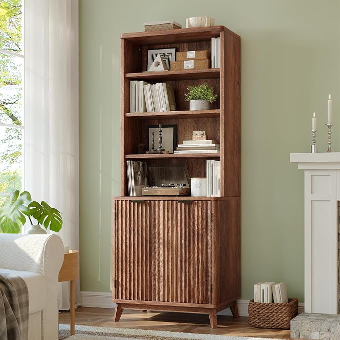 DurayLoly 6-Tier Bookshelf, Modern Bookcase with Fluted Doors & Adjustable Shelves, Mid-Century Cabinet, Wooden Book Shelf for Home Office, Living Room, Kitchen, Walnut