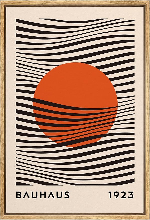 MUDECOR Framed Canvas Print Wall Art Mid-Century Bauhaus Red Sun & Black Waves Shapes Abstract Illustrations Modern Art Minimal Multicolor Relax/Calm for Living Room, Bedroom, Office - 16"x24" NATURAL