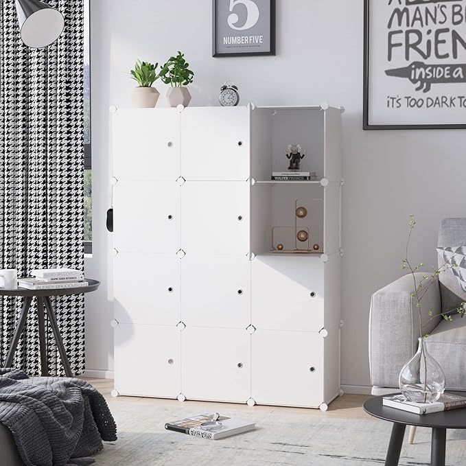 C&AHOME Cube Storage Organizer with Doors, 12-Cube Shelves, Closet Cabinet, DIY Plastic Modular Bookshelf Ideal for Home, Living Room, 36.6”L x 12.4”W x 48.4”H Milky USHS3012M-DOOR