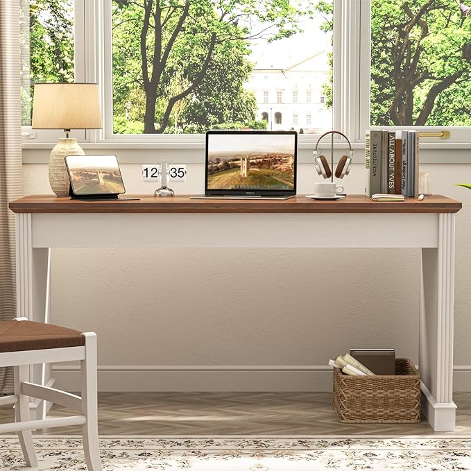 Farmhouse 59" Executive Computer Desk, Simple and Spacious Workstation for Remote Work & Study, Home Office, Unique White