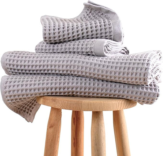 PÜSKÜL 4-Piece Natural 100% Turkish Cotton Luxury Waffle Towels for Bathroom | Premium Honeycomb Weave 2 Hand Towel & 2 Bath Towel Set | Soft Absorbent Quick-Dry Lightweight Towels (Gray)
