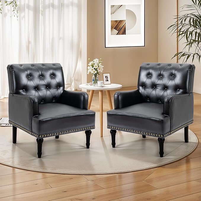 MOJAY Faux Leather Accent Chair Set of 2, Mid-Century Modern Living Room Chair Lounge Study Sofa Chair with Sturdy Wood Legs, Club Chair Armchair for Bedroom Home Study Reception (Black)