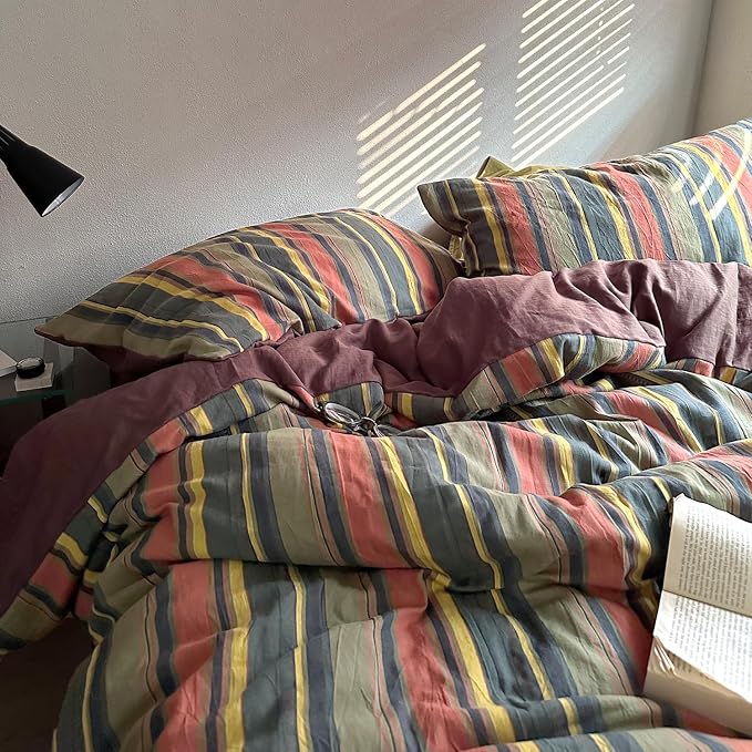mixinni Vintage Striped Duvet Cover Set Twin XL Size - 3 Piece 100% Washed Cotton Bedding Set, Soft & Breathable,Colorful Striped Pattern Printed Comforter Cover for All Seasons