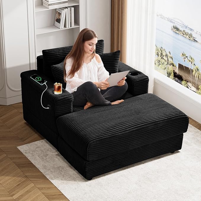 Oversized Chaise Lounge Chair Indoor with USB, Cup Holder & Ottoman, Firm Solid Wood Frame with Long Service Life Corduroy Oversized Lounge Reading Chair for Study Room - Black