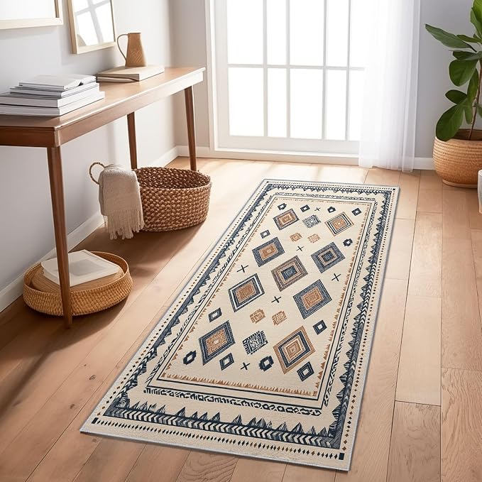 2' x 6' (Runner) Runner Rug,Washable Retro Farmhouse Style Geometric Diamond Non-Slip Kitchen Runners - Low-Pile Distressed Runners Rug for Living Room Or Study Room Laundry Room Bedroom Beige