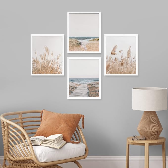 SIGNWIN Framed White Pampas Grass Beach Ocean Shore Horizon Wall Art, Set of 4 Landscape Colorful Wall Decor Prints, Nature Wilderness Wall Décor for Living Room, Bedroom - 12"x16" White