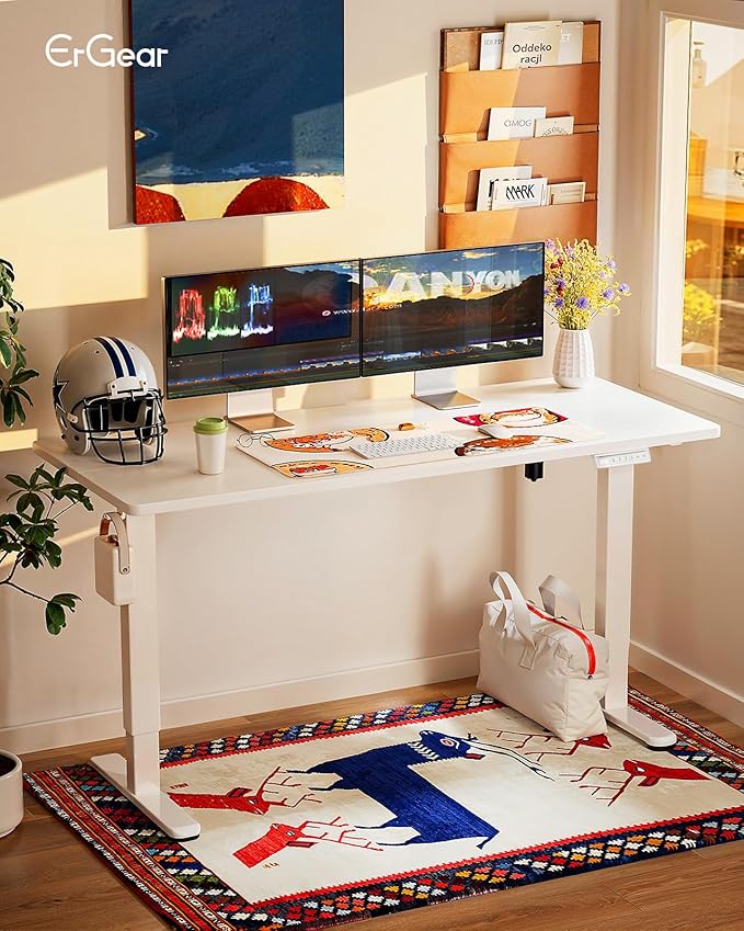 ErGear Height Adjustable Electric Standing Desk, 63 x 28 Inches Sit Stand up Desk, Large Memory Computer Home Office Desk with Two-Piece Desktop (White)