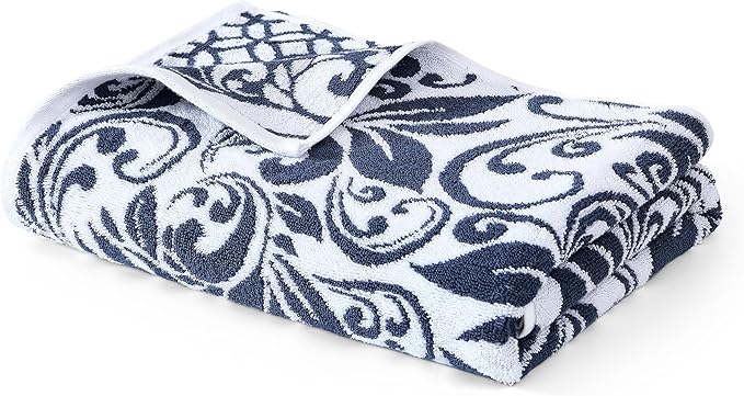 Modern Threads Trefoil Filigree 6-Piece 100% Cotton Towel Set – Reversible Yarn Dyed Jacquard – Includes 2 Bath Towels, 2 Hand Towels, 2 Washcloths – Absorbent, Quick Dry, Soft & Durable – Navy Blue