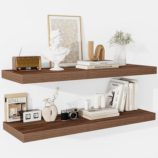 Fun Memories Floating Shelves - 2 Pack 12 Inch Deep Rustic Wooden Wall Shelves - Extra Deeper & Thicker Wall Mounted Storage Shelf for Living Room, Kitchen, Farmhouse - 36" W x 12" D x 1.5" H - Walnut