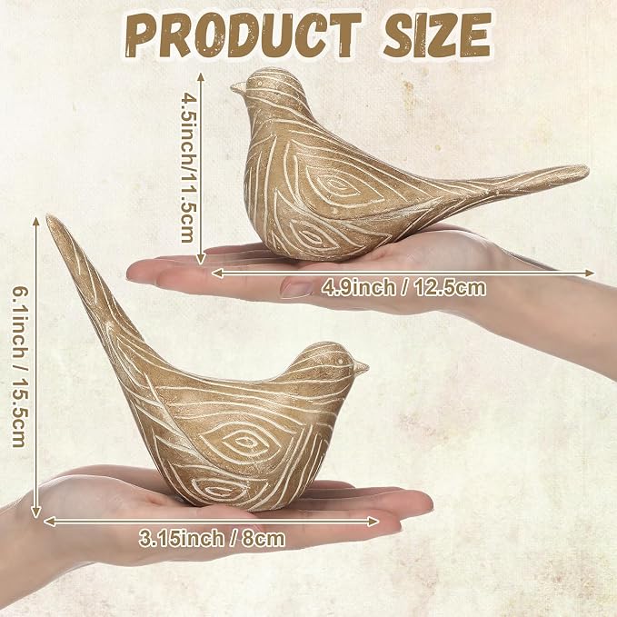 Lewtemi 2 Set Large Bird Figurines Home Decor 4.5'' 6.1'' Resin Birds Statue Modern Wood Look Bird Figurines Animal Decor Sculptures for Living Room, Home, Office, Women
