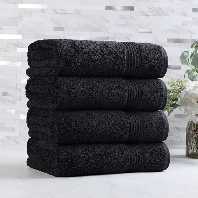 Superior Heritage Egyptian Cotton Bath Towel Set, Large Body Towels for Home Bathroom, Master, Guest Bath Decor, Plush, Absorbent Basics, Spa, Hotel, Resort, Luxury Essentials, Set of 4, Black
