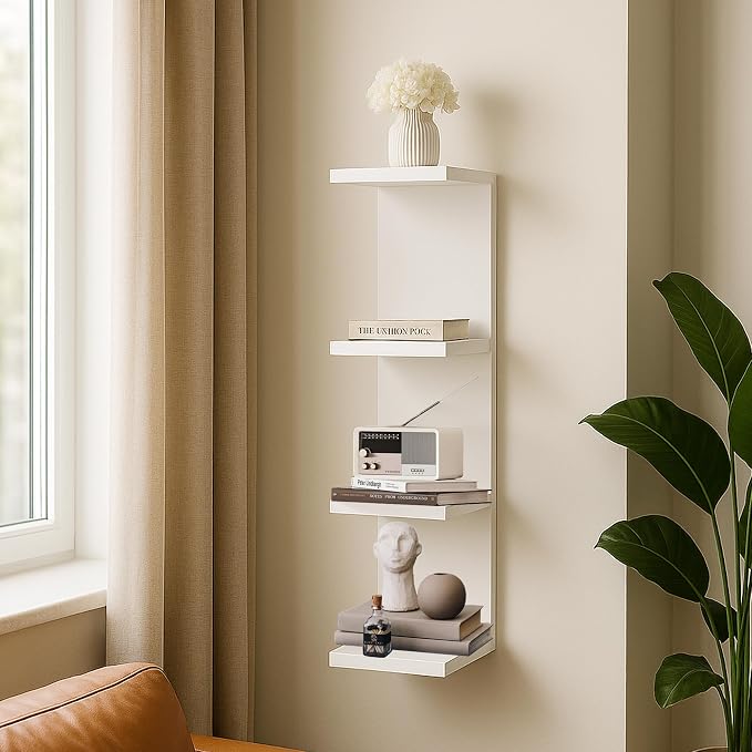 4 Tier Wall Shelf Unit,Vertical Column Floating Storage Home Decor Organizer,White Lack Wall Shelf for Bedroom,Living Room,Office Decor(2 Pack)