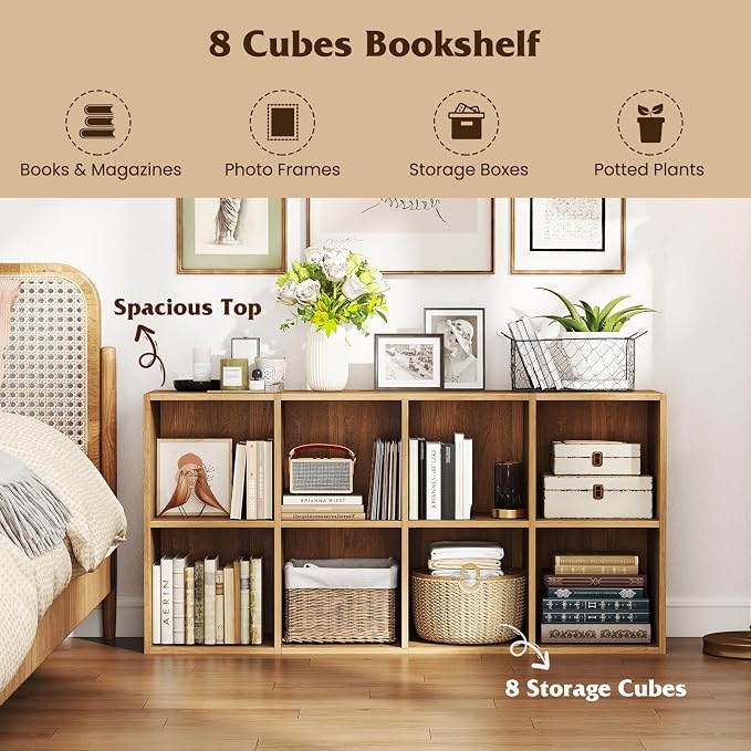 Tangkula 8-Cube Bookcase, Large Floor Standing Horizontal Bookshelf with 8 Open Shelves & 2 Anti-Tipping Kits, Home Office Wooden Storage Book Shelf for Living Room, Study (Natural, 8-Cube)