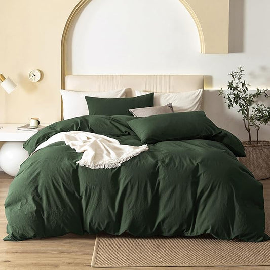JIYUAN 100% Washed Cotton Duvet Cover Set 3 PCS Oversized King Plus, 1 Duvet Cover 128"x120"(Comforter Not Included) and 2 Pillowcases,Linen Feel Bedding Set Comfy and Breathable,Forest Green