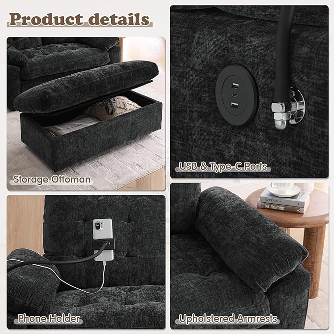 Oversized Chaise Lounge Chair Indoor with Ottoman&Adjustable Backrest,Chenille Tufted Recliner Comfy Loveseat Sofa Chair with USB&Phone Holder,Convertible Sleeper Couch Bed for Living Room(56"W,Black)