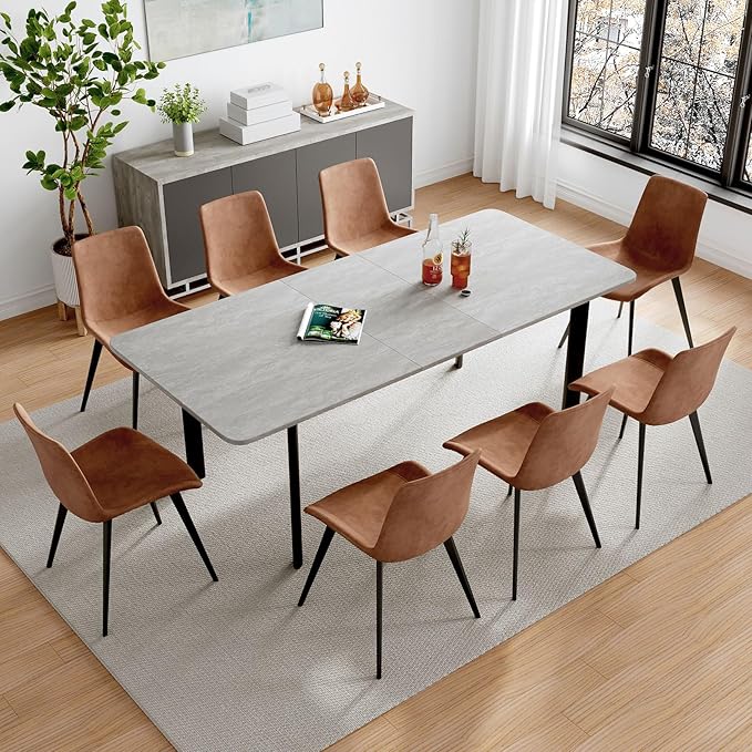 63"- 78.7" Extendable Dining Table Set for 8, Modern Kitchen Table with 8 PU Leather Chairs, Thickened Expandable MDF Wooden Table with Metal Legs for Dining Room, Kitchen, Office