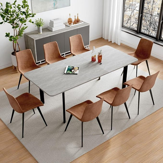 63"- 78.7" Extendable Dining Table Set for 8, Modern Kitchen Table with 8 PU Leather Chairs, Thickened Expandable MDF Wooden Table with Metal Legs for Dining Room, Kitchen, Office