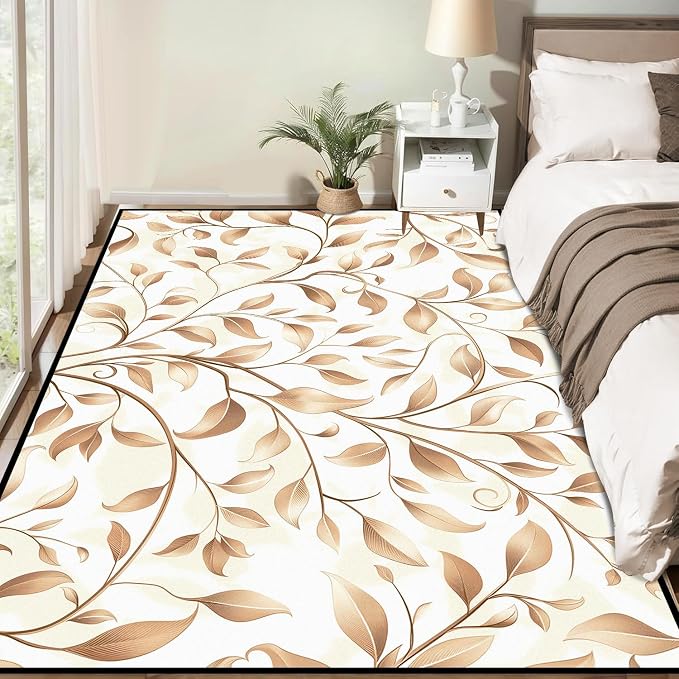 Botanical Leaf Vine Area Rug Beige Floral Branch Print Rug for Bedroom Living Room Kitchen Nursery Playroom Home Decor Non-Slip Washable Floor Mat Modern Farmhouse Carpet,5'x7'