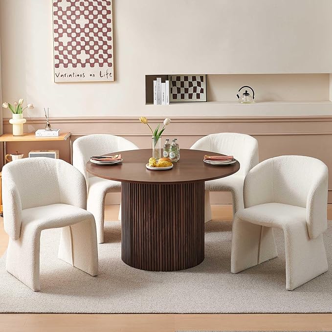NORDICANA 5-Piece Round Dining Table Set for 4, Rustic 47-Inch Kitchen Table and Chair Set, Dining Set with Off White Upholstered Armchairs, Manufactured Wood Top with Walnut Veneer