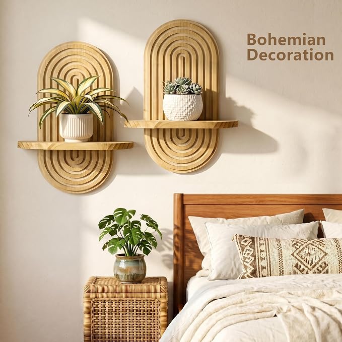Heiple Set of 2 Boho Arched Floating Shelves 15.7”x 7.8” Plant Wooden Hanging Shelf for Living Room Bedroom Nursery Mid Century Modern Wall Decor Office Holding Planter (Brown, 11.7 * 15.7)