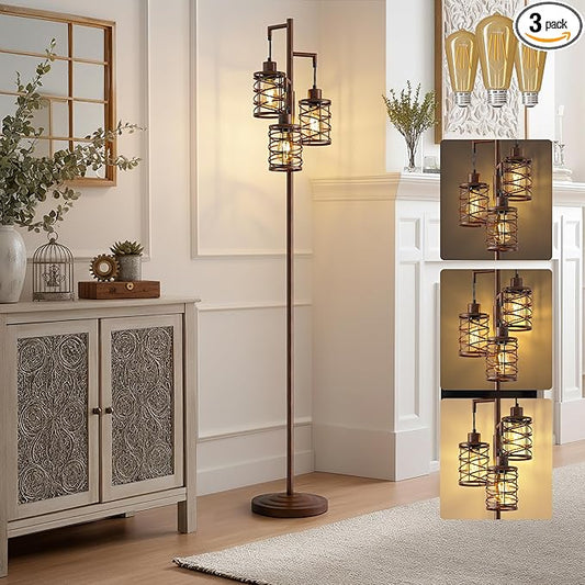 BOBOMOMO 70" Farmhouse Dimmable Floor Lamp, Walnut Brown Industrial Metal Cage Standing Lamp with 3 LED Bulbs, Stepless Dimming Tall Tree Lamp for Living Room, Bedroom, Office, Corner