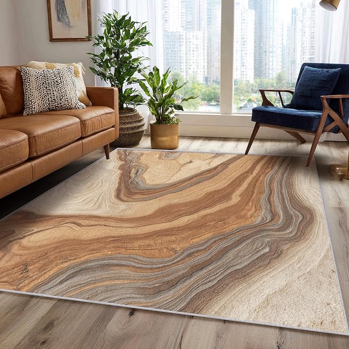 Beige Marble Streak Area Rug, Brown Gray Abstract Pattern Carpet, Washable Non Slip Low Pile Soft Thin, Living Room Bedroom Home Decor Mat 6x8ft