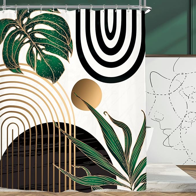 Miyotaa Abstract Emerald Green Shower Curtain Set 71Wx84H Inches Extra Long Minimalist Modern Tropical Leaves Geometric Contemporary Polyester Waterproof Bathroom Curtain with 12 Hooks